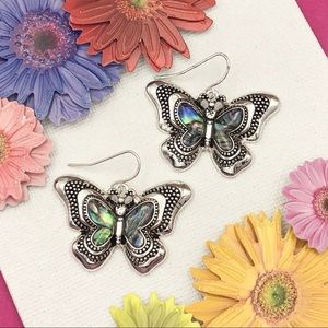 🌼 Abalone Shell Inlay Silver Butterfly Dangle Earrings
